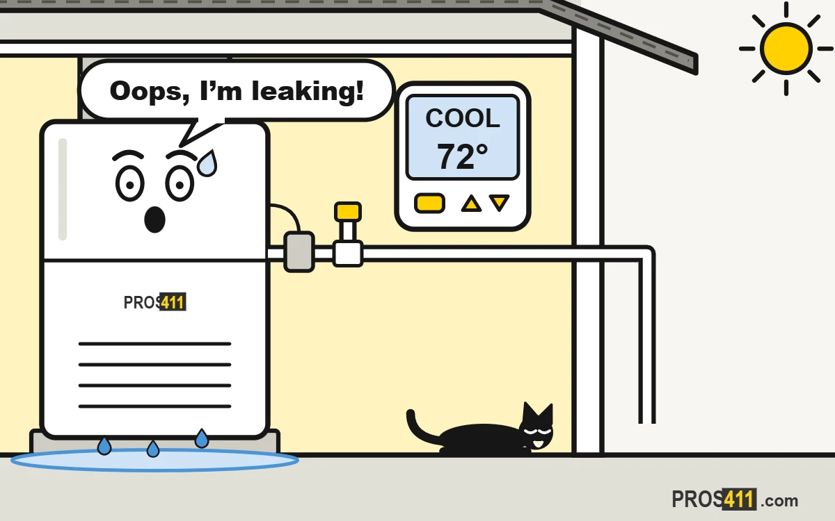 Cartoon indoor AC unit leaking water onto the floor while the cat watches from a dry spot