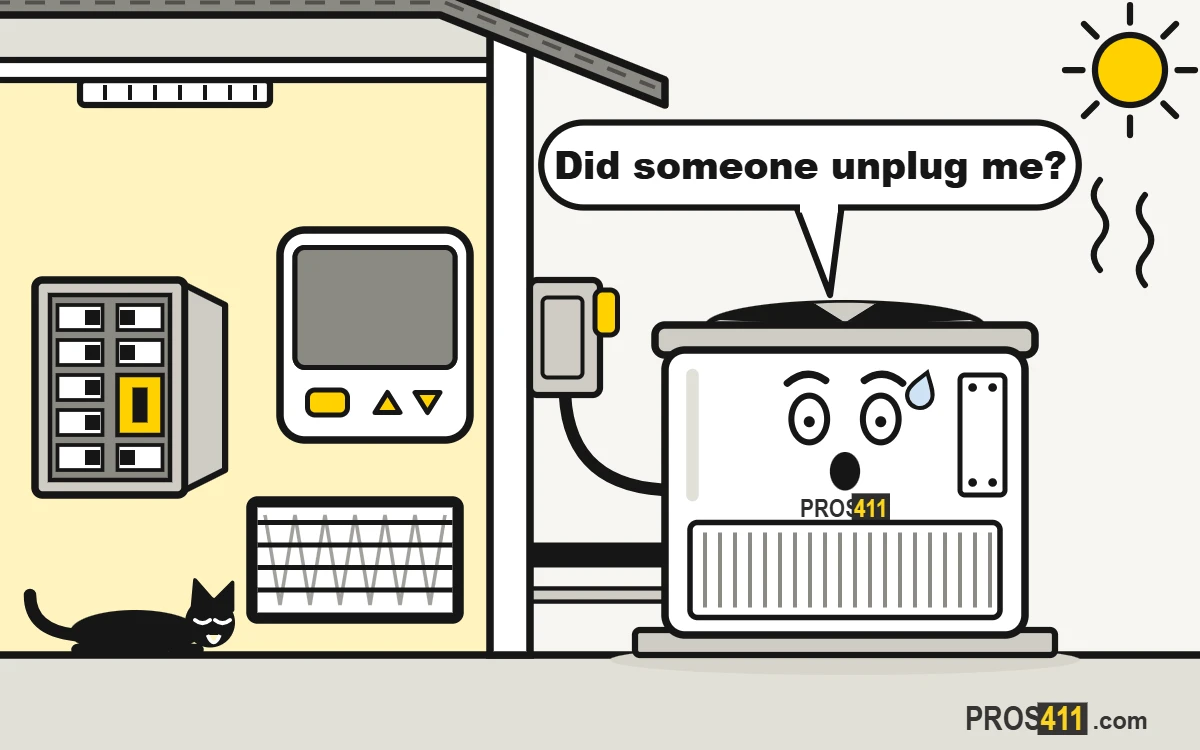 Cartoon outdoor AC unit sitting silent under the sun, with a blank thermostat inside the house
