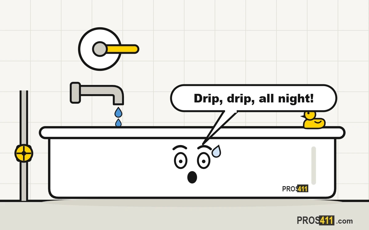 Bathtub faucet dripping: how to stop it Cartoon bathtub upset by a faucet that keeps dripping, with a rubber duck on the rim