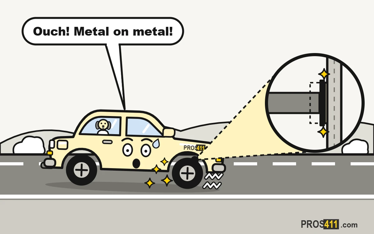 Cartoon car with grinding brakes throwing sparks from the front wheel