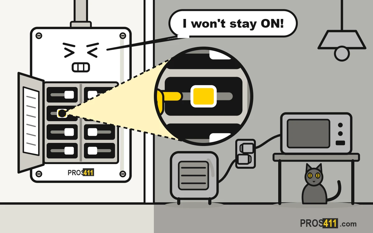 Breaker won't reset: why and what to do Cartoon breaker panel straining while a gloved hand pushes a breaker that will not stay on