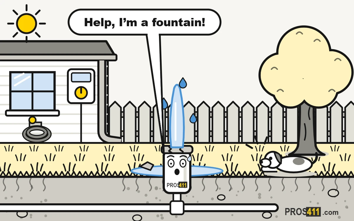 Cartoon sprinkler head with a broken top shooting water up like a fountain