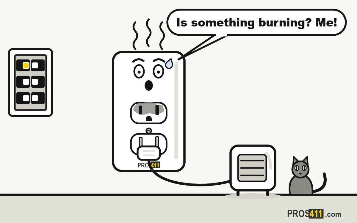 Cartoon wall outlet with scorch marks giving off a burning smell, a space heater plugged in