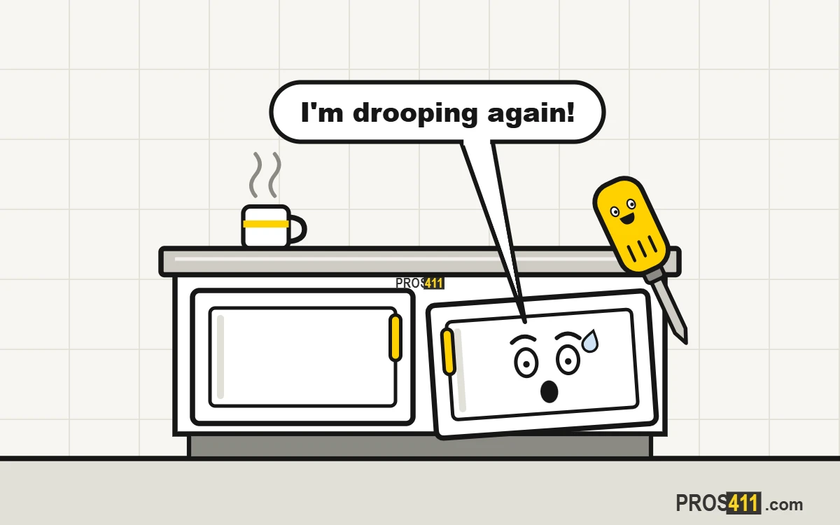 Cabinet door sagging or won't close: adjust the hinges Cartoon kitchen cabinet with one door sagging out of line, looking worried
