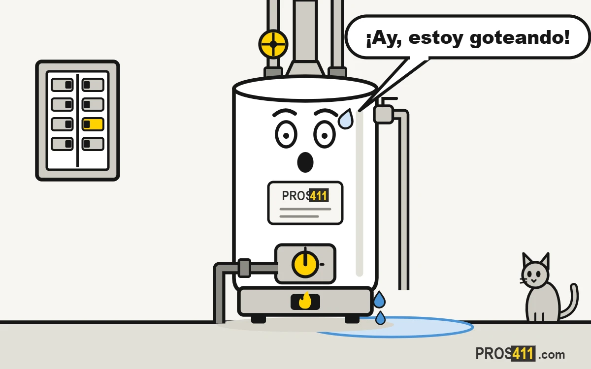 Calentador de agua caricatura goteando un charco en la base mientras un gato mira