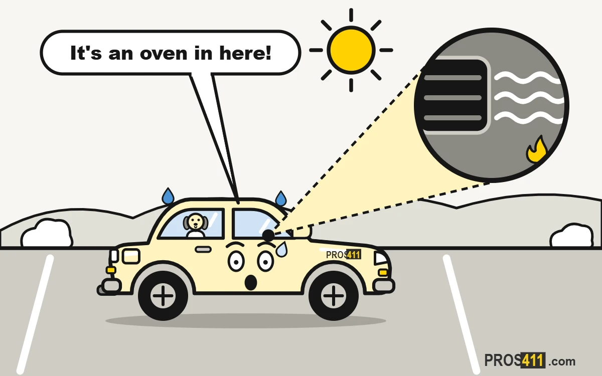 Cartoon car sweating in the sun while its AC vent blows warm air