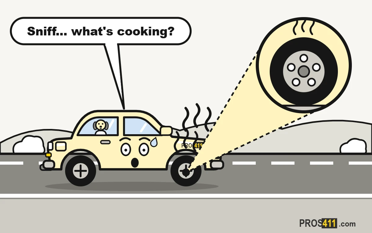 Burning smell from the car: what it means Cartoon car on the road sniffing a burning smell rising from its hood and a wheel