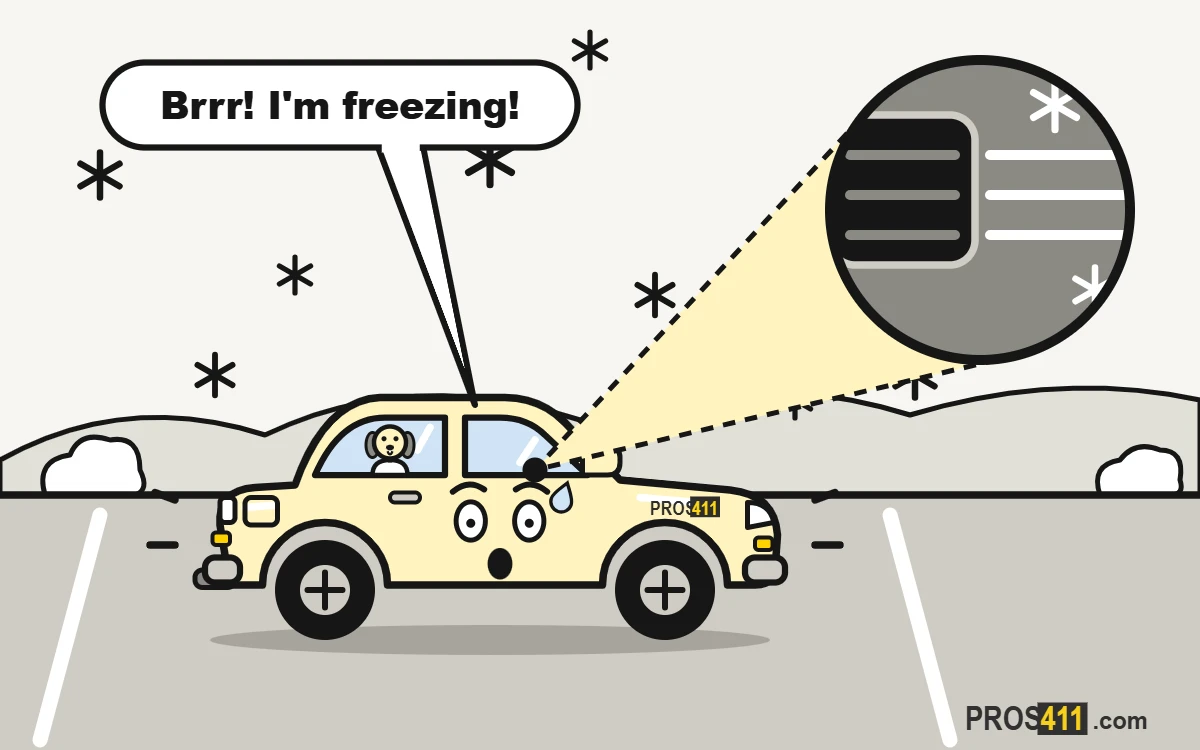 Car heater blowing cold air: what to check Cartoon car shivering in the snow while its heater vent blows cold air