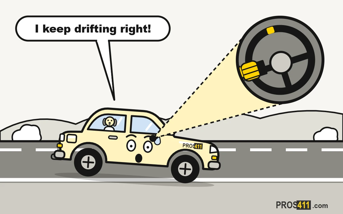 Car pulls to one side: what to check Cartoon car drifting toward the shoulder while the steering wheel is held crooked