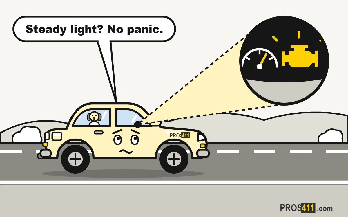 Check engine light on (not flashing): what to do Cartoon car on the road with a steady check engine light