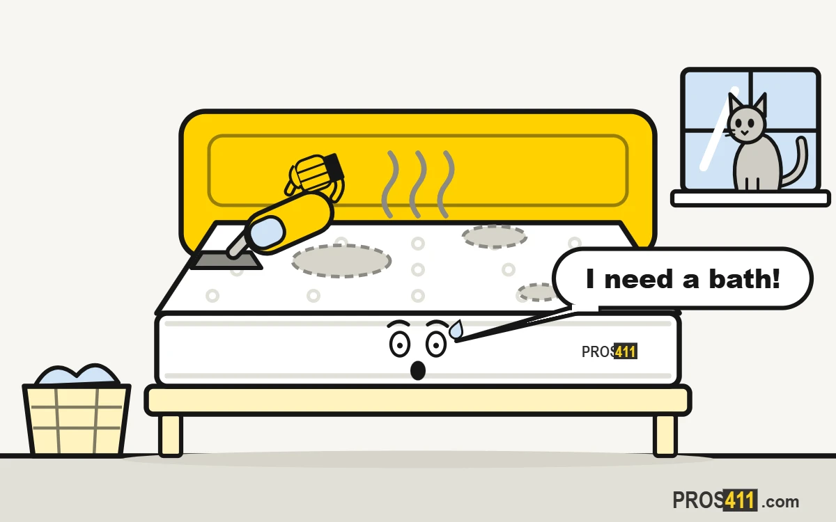 How to clean a mattress: stains and smells Cartoon mattress with stains and a bad smell, scared, while a cat watches and a handheld vacuum comes to help