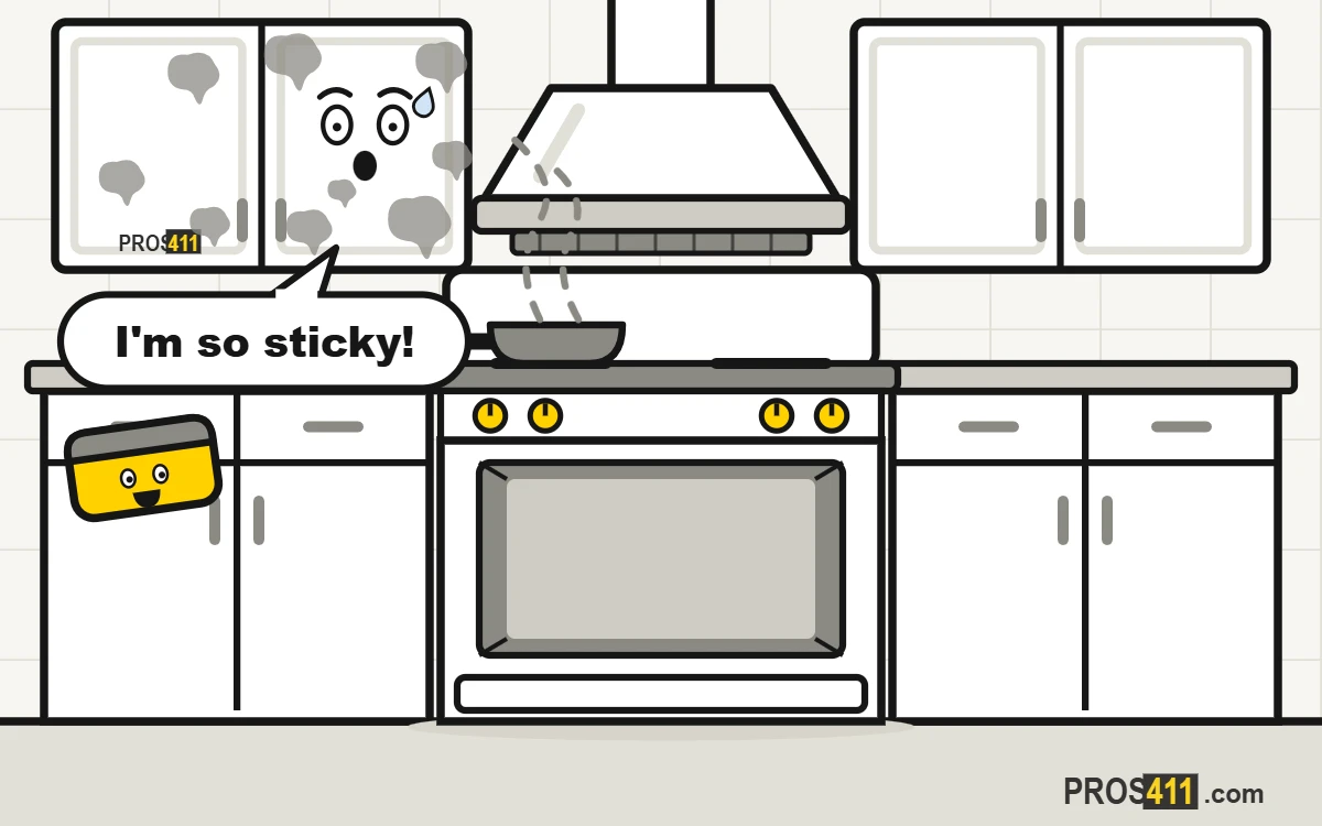 Cartoon kitchen cabinet covered in sticky grease next to the stove, with a sponge on the way