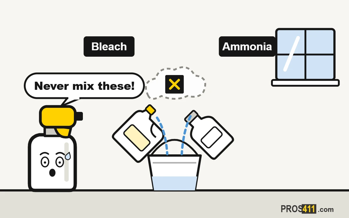 Cartoon spray bottle shocked as bleach and ammonia pour into a bucket, with a big NO stamp on the toxic cloud