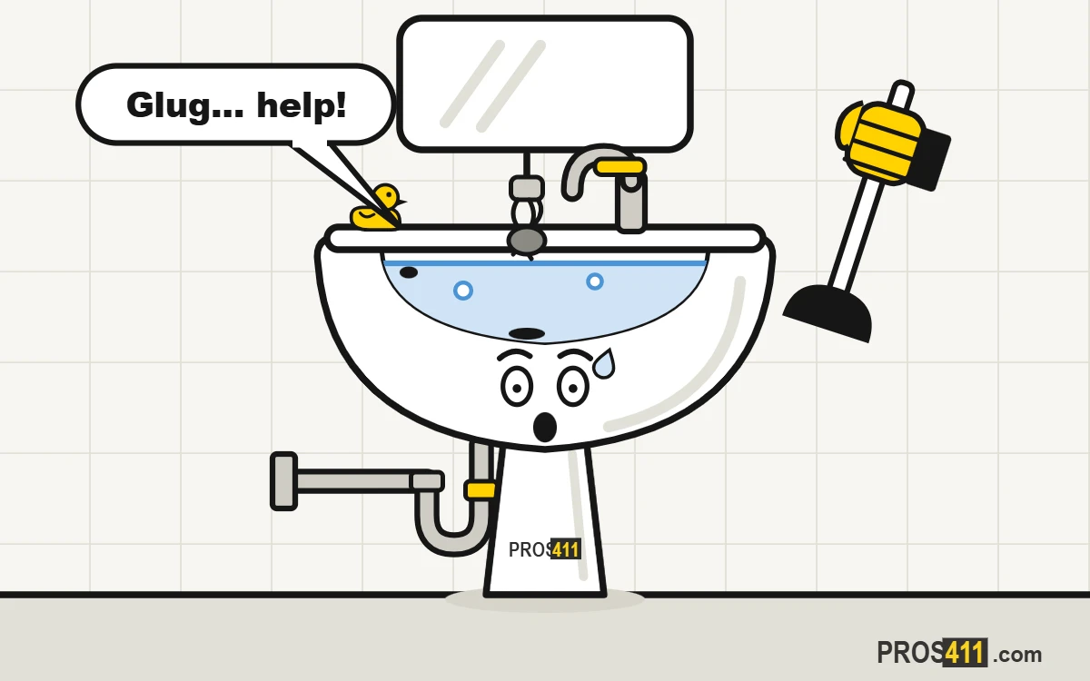 Cartoon clogged sink full of water, with a plunger on the way