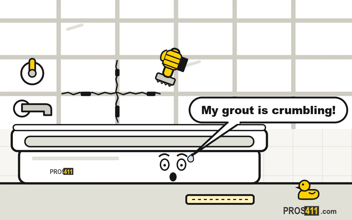 Cracked or missing grout: how to fix it Cartoon bathtub scared of cracked, crumbling grout, with a grout saw on the way