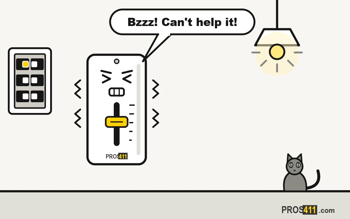 Dimmer switch buzzing or hot: what is normal and what to do Cartoon dimmer switch buzzing at half brightness, with a ceiling light on dim