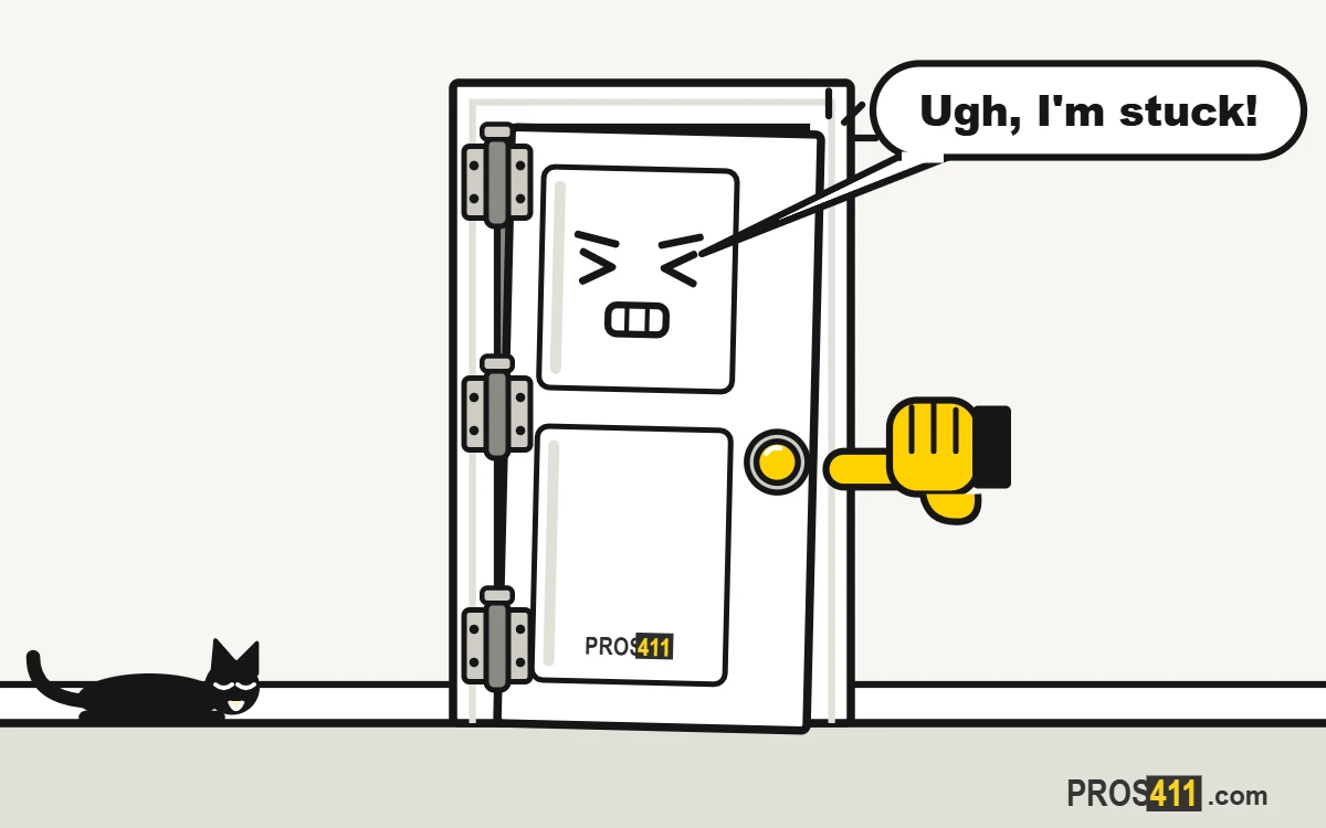 Door sticks or rubs the frame: how to fix it Cartoon door straining as its top corner rubs the frame, a glove pushing it