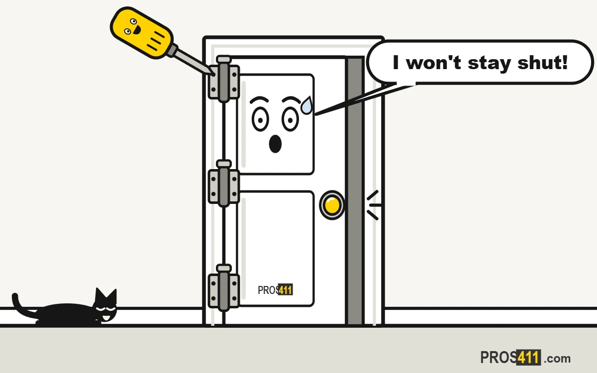 Cartoon door that won't latch, left ajar, with a smiling screwdriver at the hinge