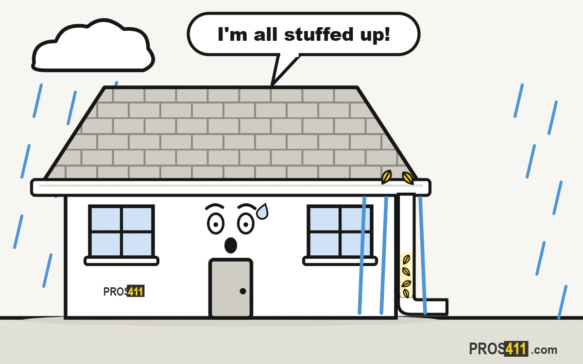 Downspout clogged: how to clear it Cartoon house in the rain with a downspout packed with leaves and the gutter spilling at the corner