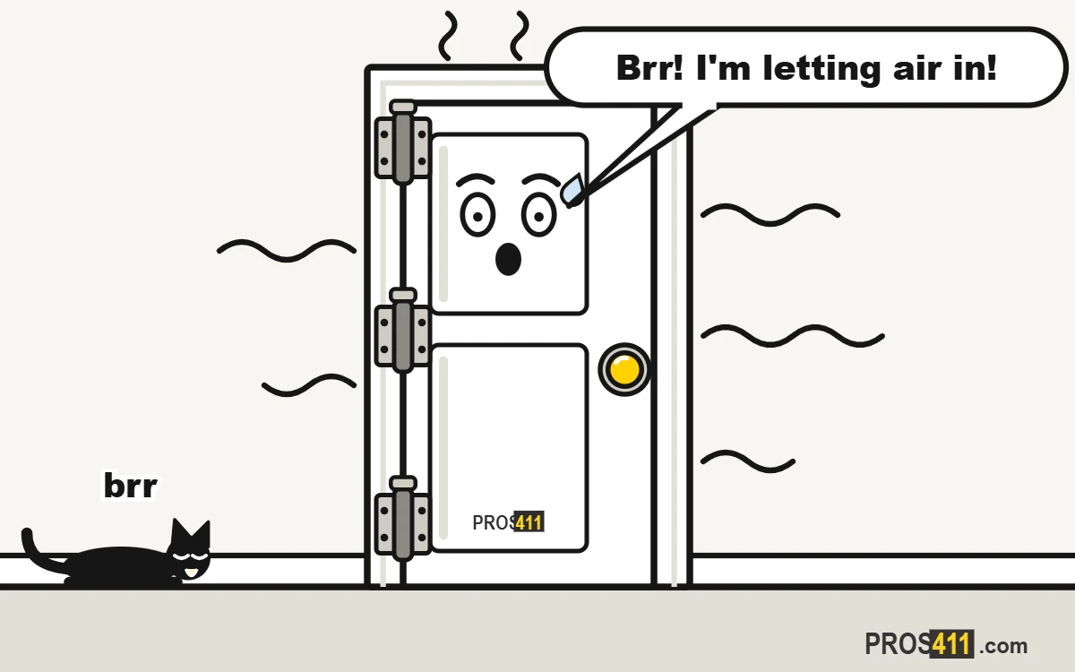 Drafty door: how to replace the weatherstripping Cartoon front door shivering as cold drafts blow in around its edges, a cat shivering on the floor