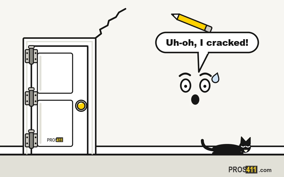 Cracks in the wall or ceiling: what they mean and when to worry Cartoon wall with a diagonal crack running up from a door corner