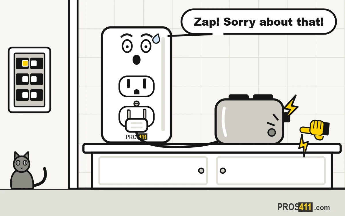 Got a shock from an outlet or appliance: what to do now Cartoon kitchen outlet and toaster giving a hand an electric shock