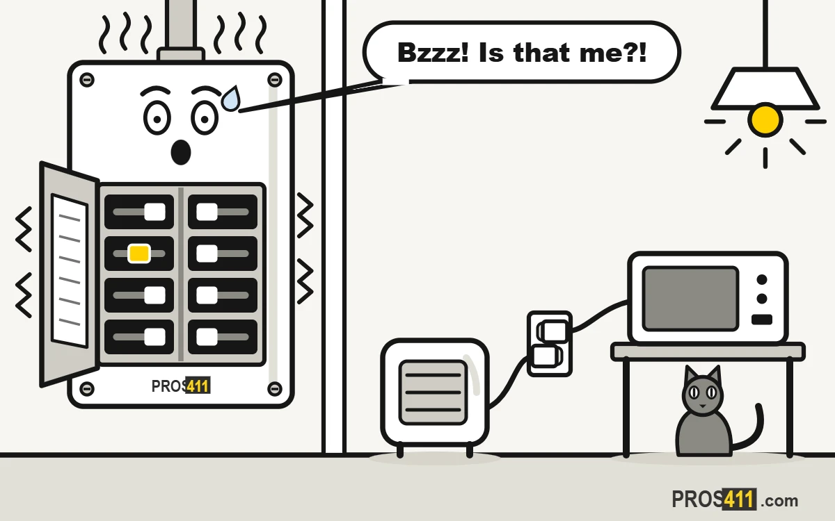 Electrical panel buzzing: what to do right now Cartoon breaker panel buzzing and warm, looking scared, with a cat watching from the next room