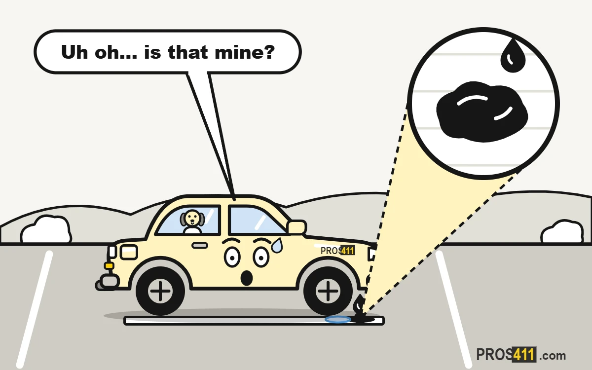 Puddle under the car: what the fluid means Cartoon car looking at a puddle of fluid dripping under it onto white cardboard