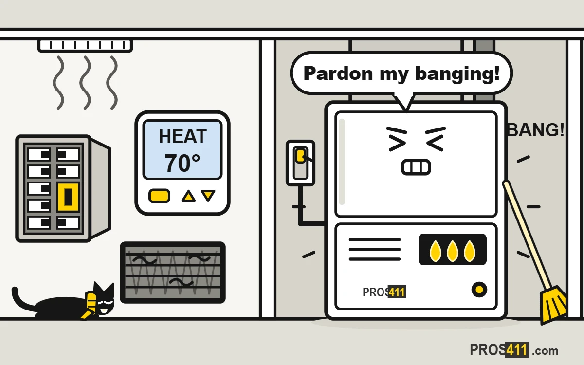 Furnace making noise: banging, squealing or rattling Cartoon furnace in a closet shaking and banging, with a broom leaning on it
