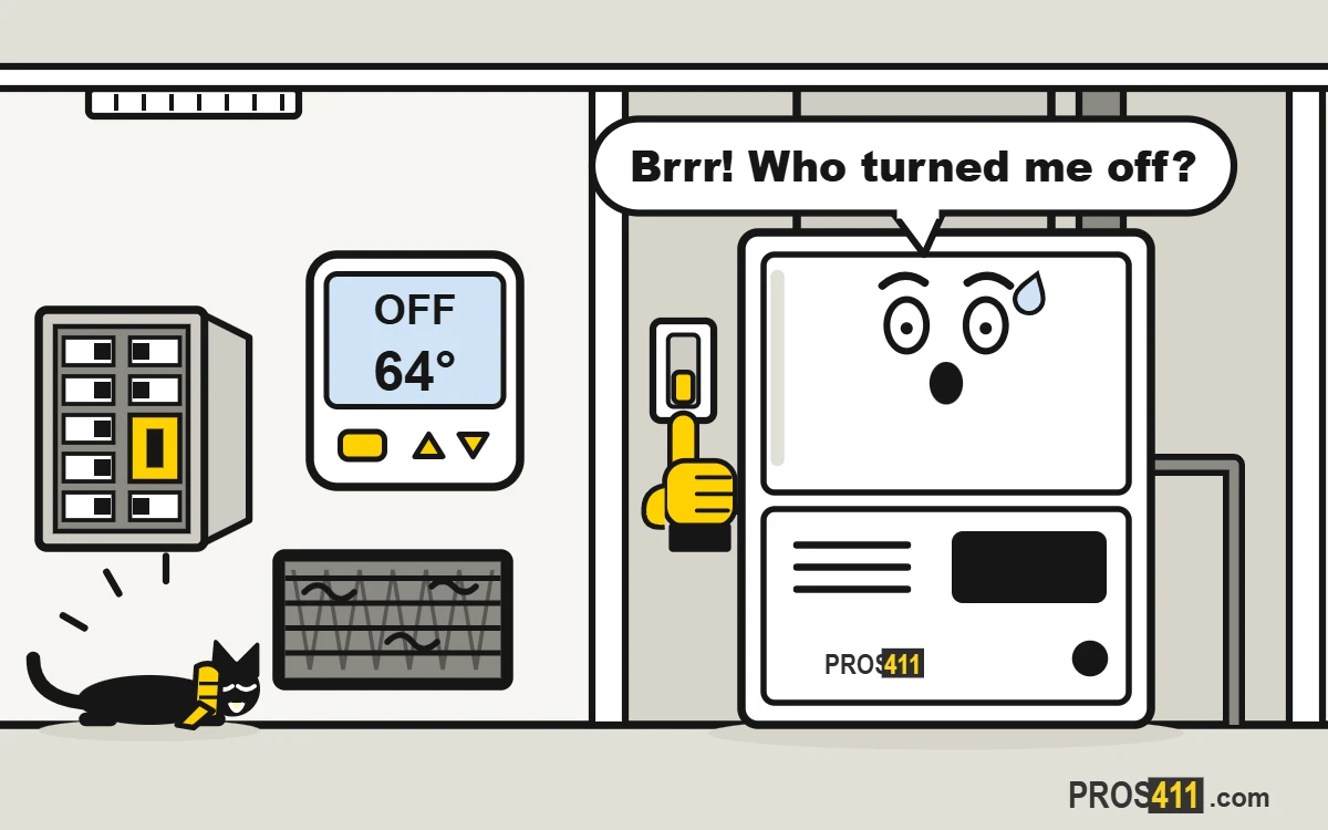 Cartoon furnace in a closet, cold and silent, with its switch turned off and a glove reaching for it