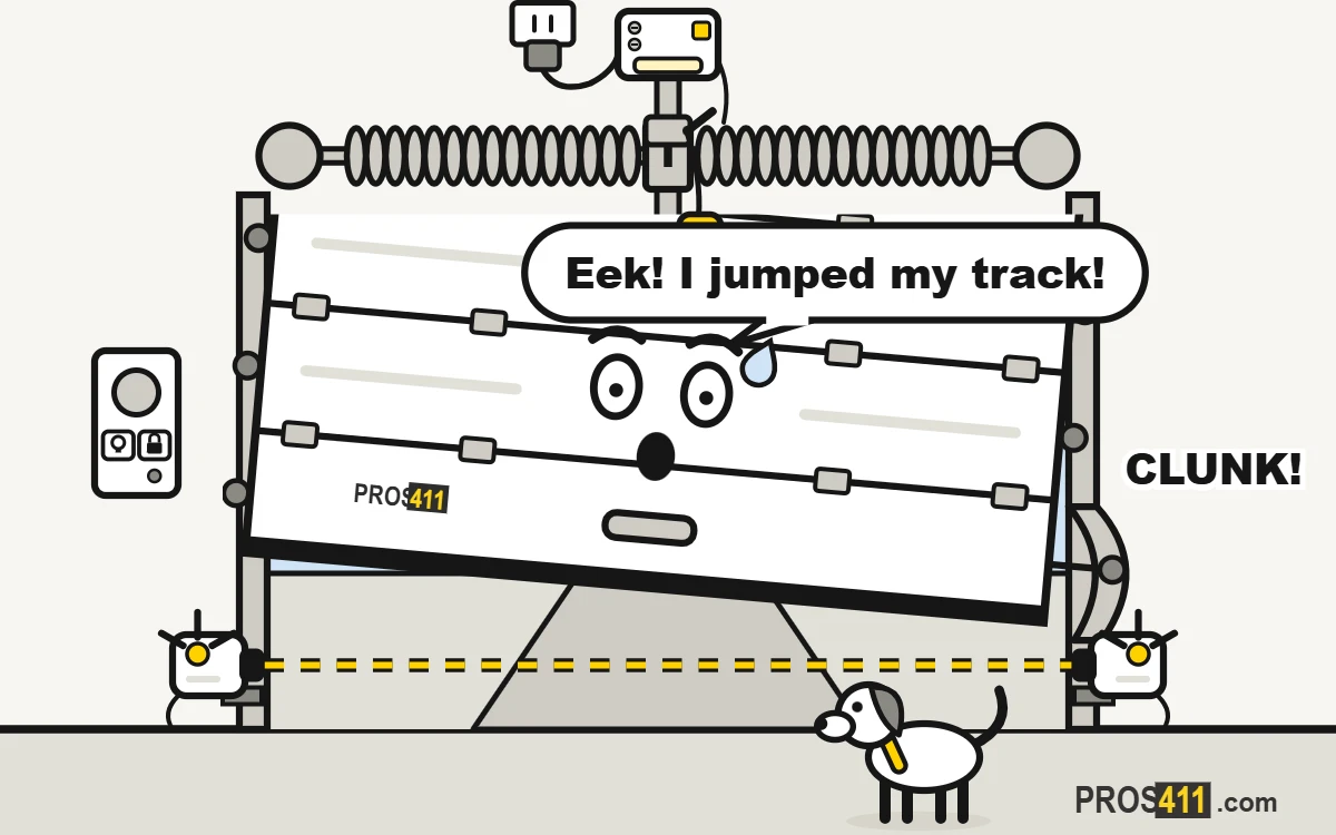 Garage door off track: what to do and what not to touch Cartoon garage door hanging crooked after a roller came off its track