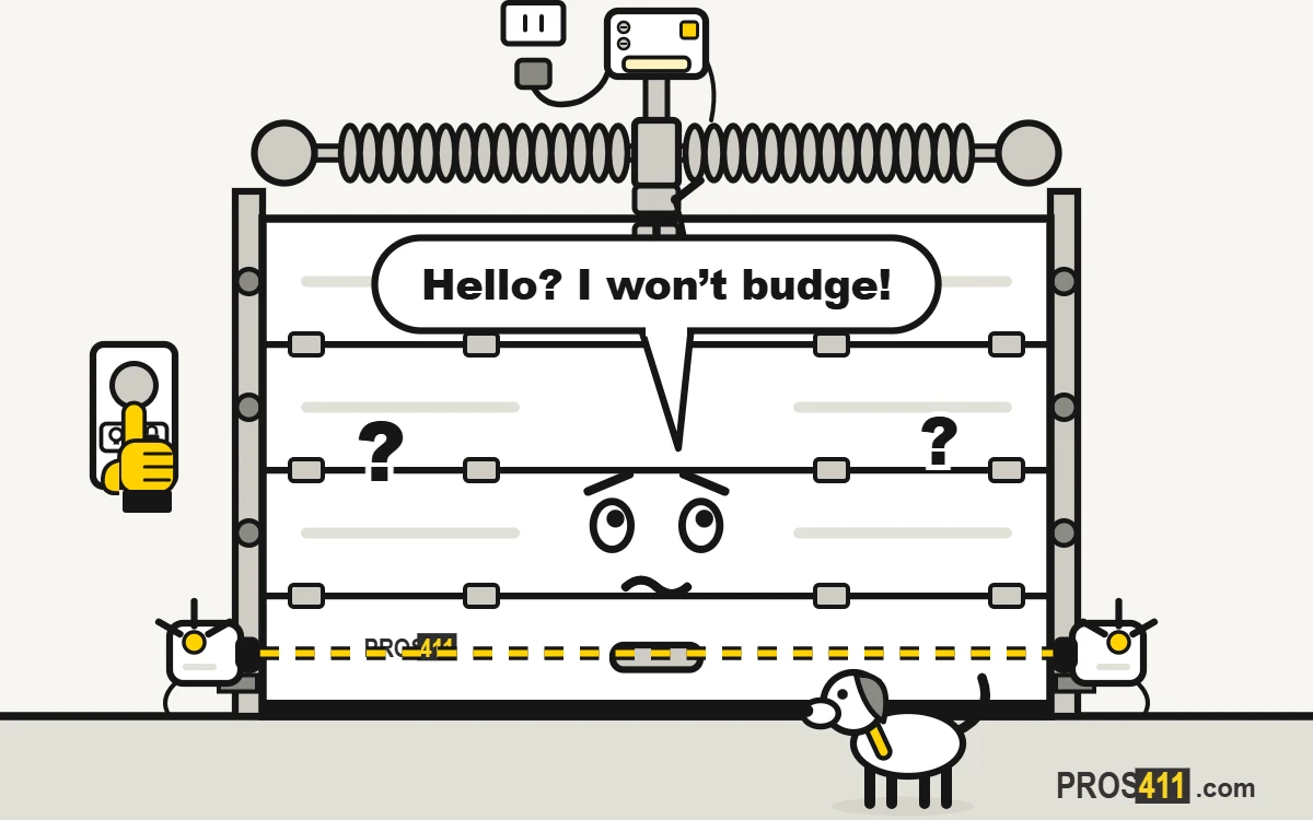Garage door opener not working: what to check first Cartoon garage door that won’t open when the wall button is pressed