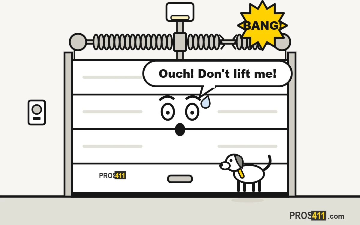 Garage door spring broke: don’t touch it Cartoon garage door scared after its torsion spring snapped with a bang