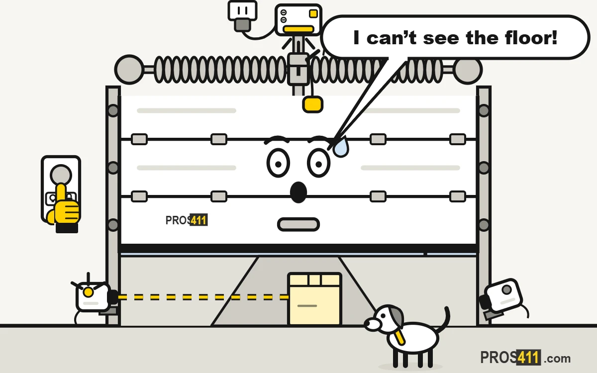 Cartoon garage door that won’t close because a box blocks the safety sensor beam