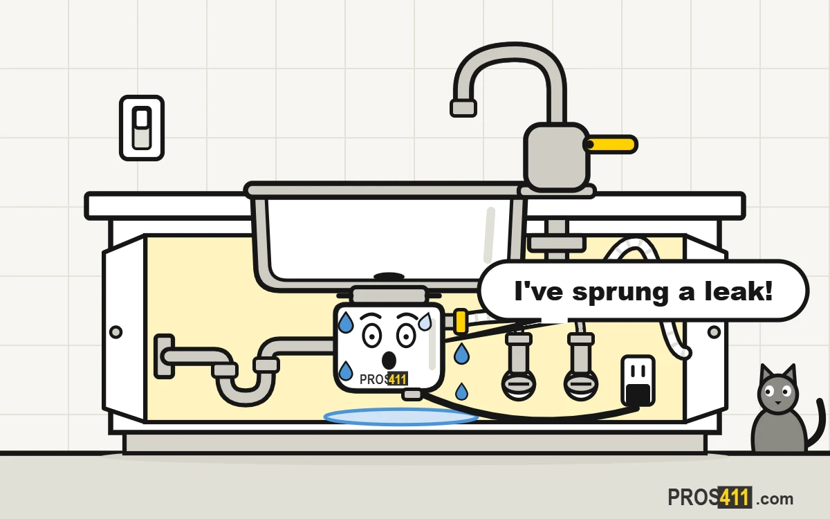 Garbage disposal leaking: where it leaks and what to do Cartoon garbage disposal leaking under the kitchen sink into a puddle