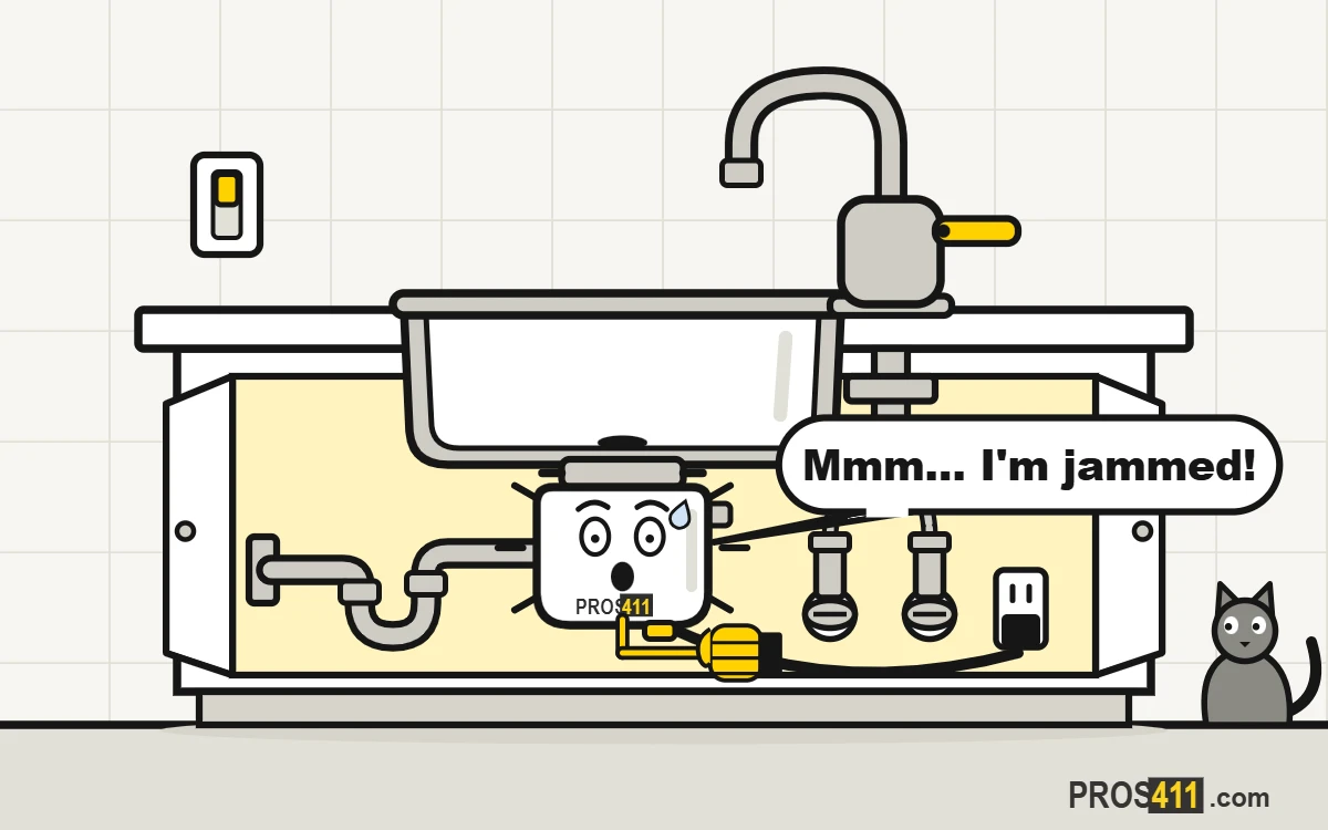Garbage disposal not working or jammed: how to fix it safely Cartoon jammed garbage disposal humming under the sink, with an Allen wrench on the way