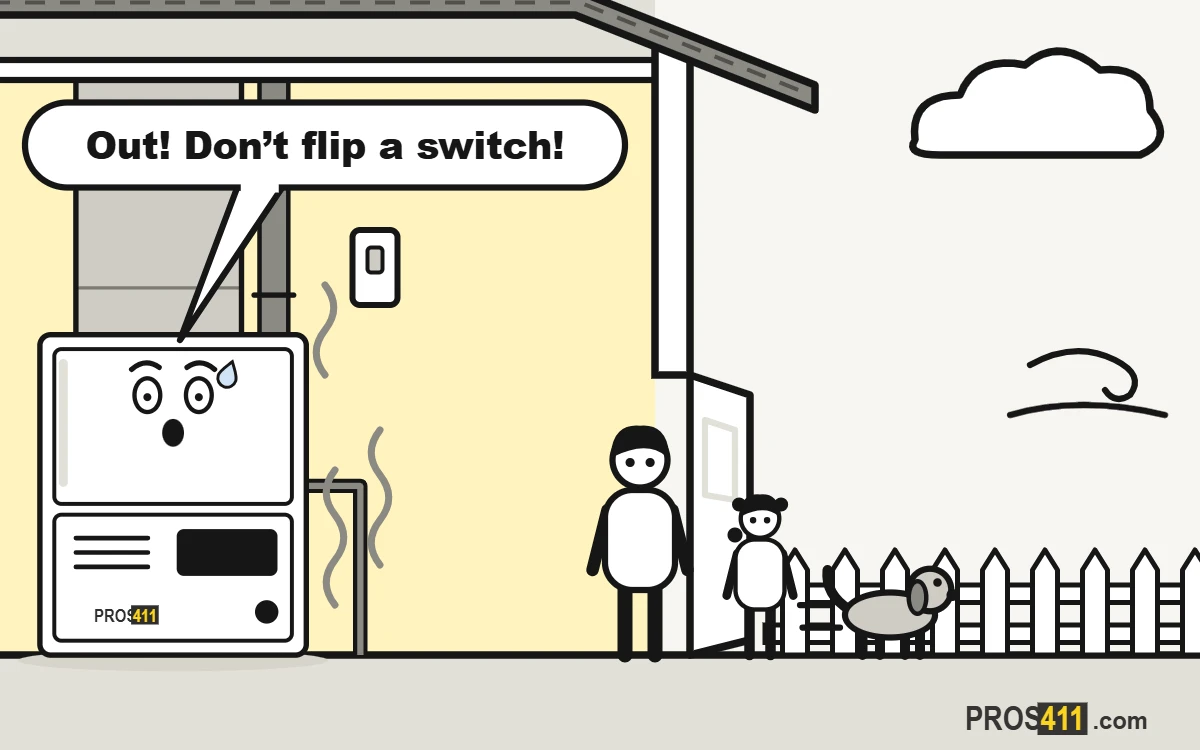Gas smell near the furnace: what to do Cartoon furnace scared by a gas smell while a family and their dog head out the door