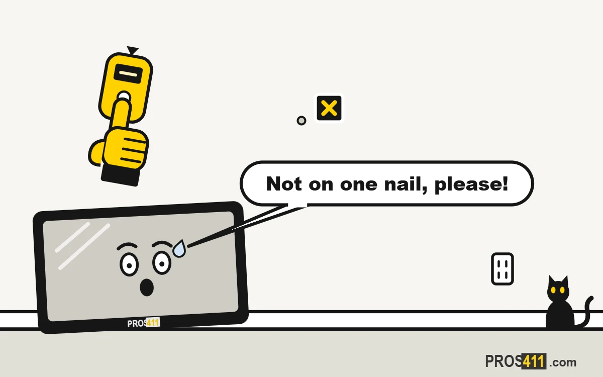 Cartoon TV waiting on the floor, worried about one nail, with a stud finder on the way