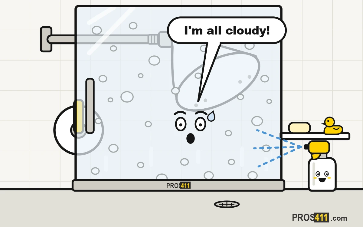Cartoon shower glass door clouded with hard water spots, with a spray bottle of vinegar on the way