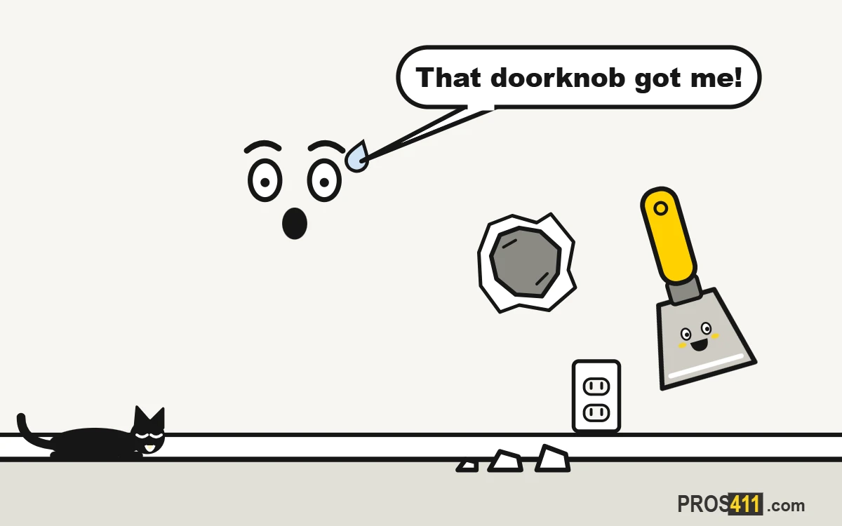 Cartoon wall with a doorknob hole and a smiling putty knife coming to patch it