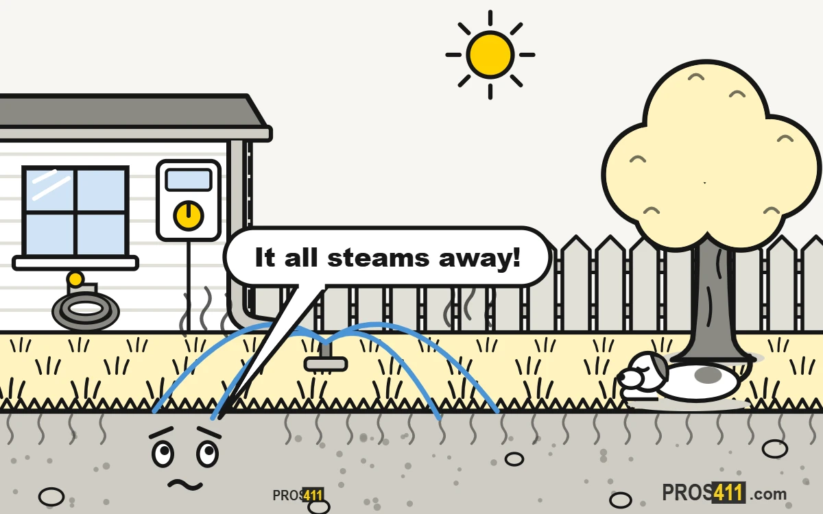 Cartoon lawn being watered under the midday sun while the water steams away