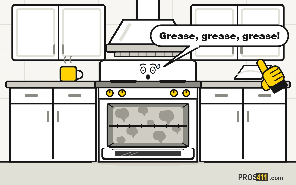 Cartoon stove with its oven door open and baked-on grease inside, a yellow glove bringing baking soda paste