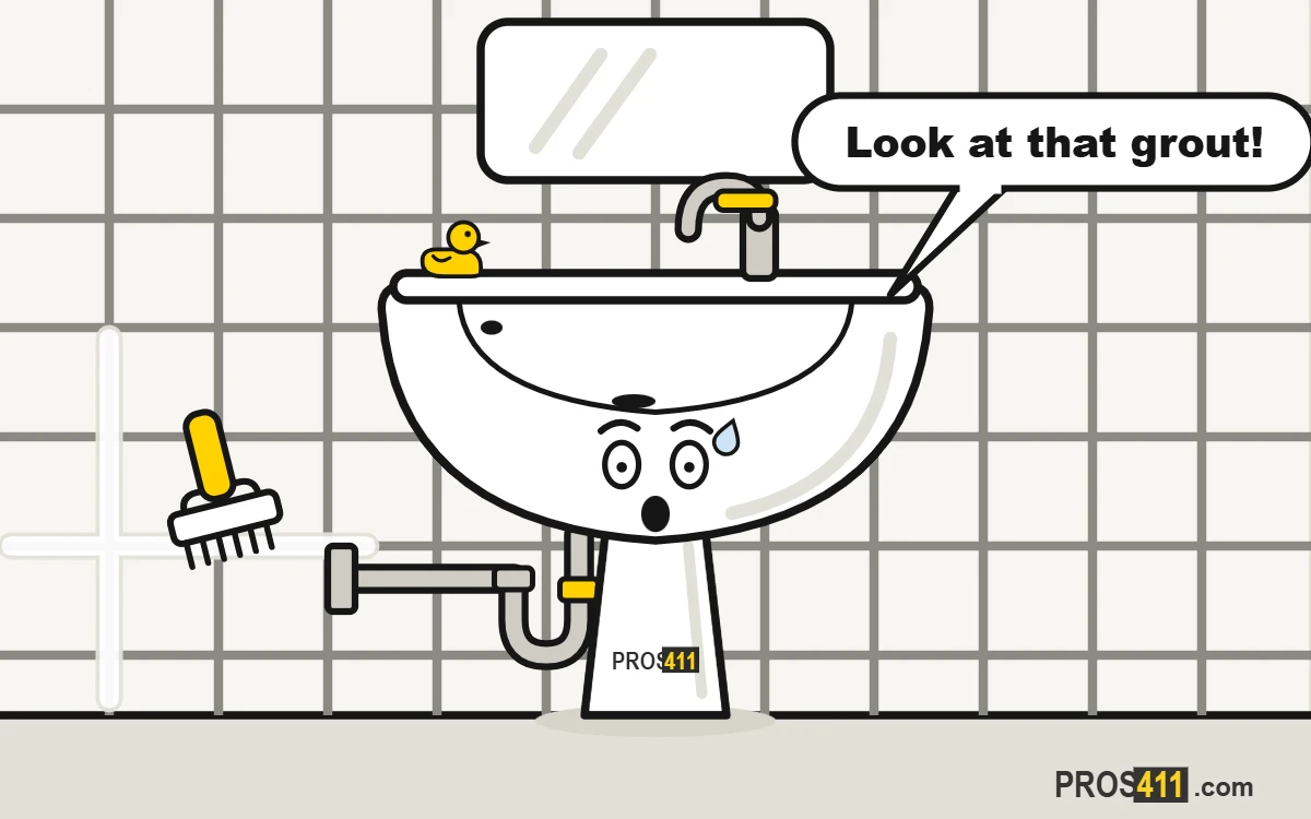 How to clean dirty grout Cartoon bathroom sink shocked by dark, dirty grout lines on the tile wall, with a scrub brush ready