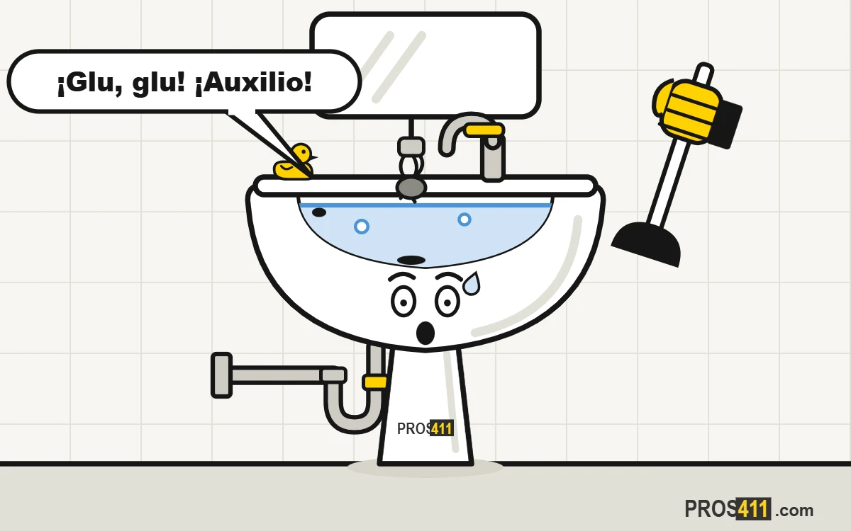 Lavamanos caricatura tapado y lleno de agua, con un destapador que llega