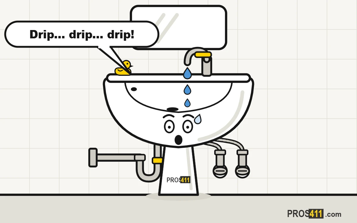 Cartoon bathroom sink annoyed by a dripping faucet