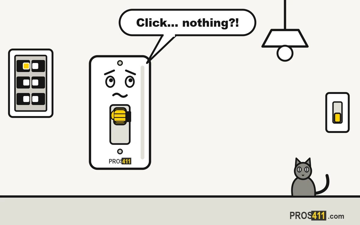 Light switch not working: what to check first Cartoon light switch being flipped while the ceiling light stays off