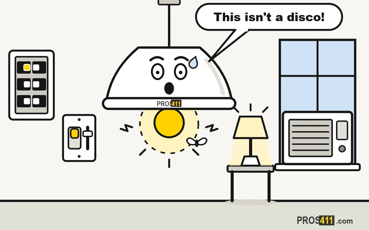 Cartoon ceiling lamp flickering in a living room, with a moth around the bulb