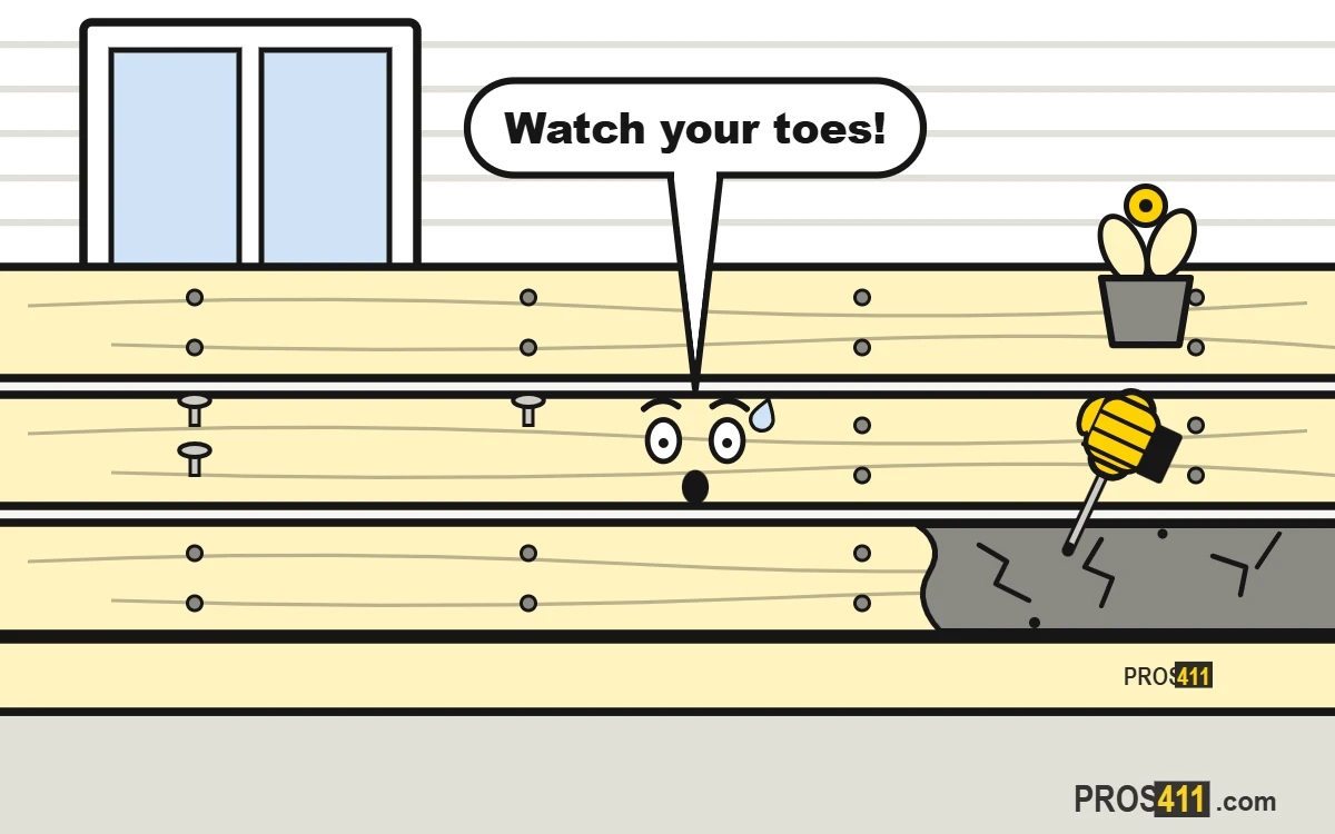 Loose or rotten deck board: how to fix or replace it Cartoon deck with a scared loose board, popped nails and a rotten board end