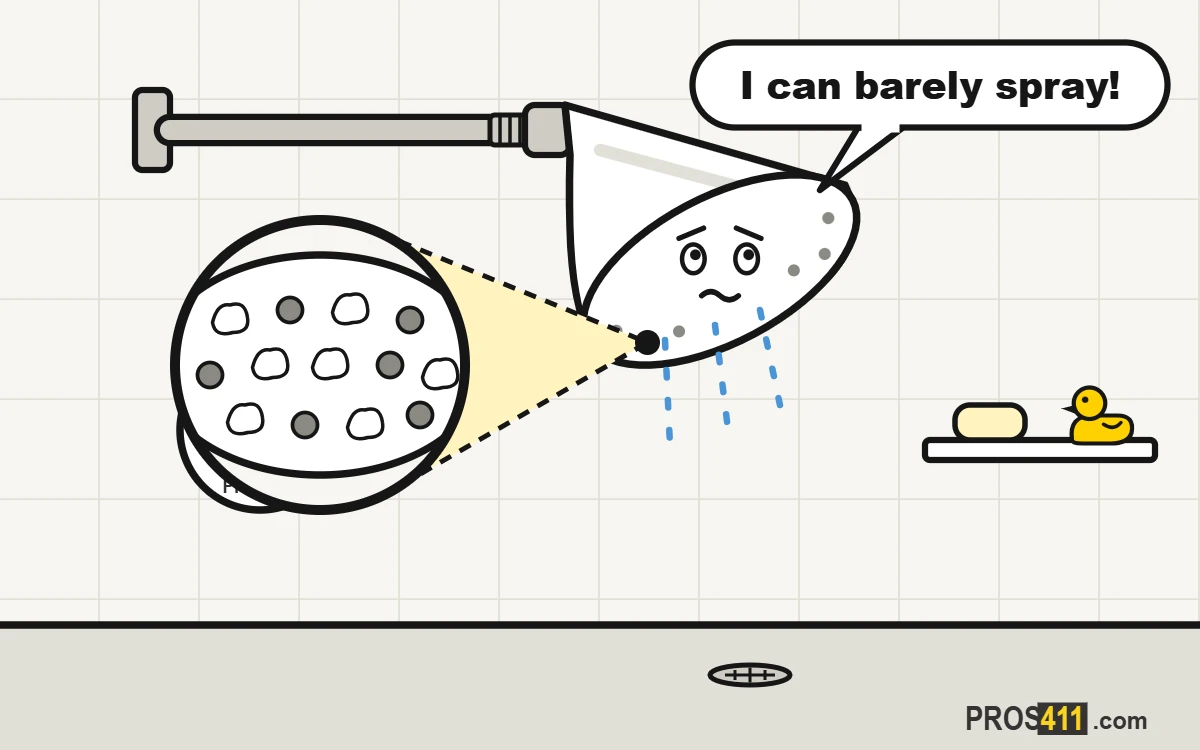 Low water pressure in the shower: how to fix it Cartoon shower head barely spraying, with a close-up of nozzles clogged with mineral buildup