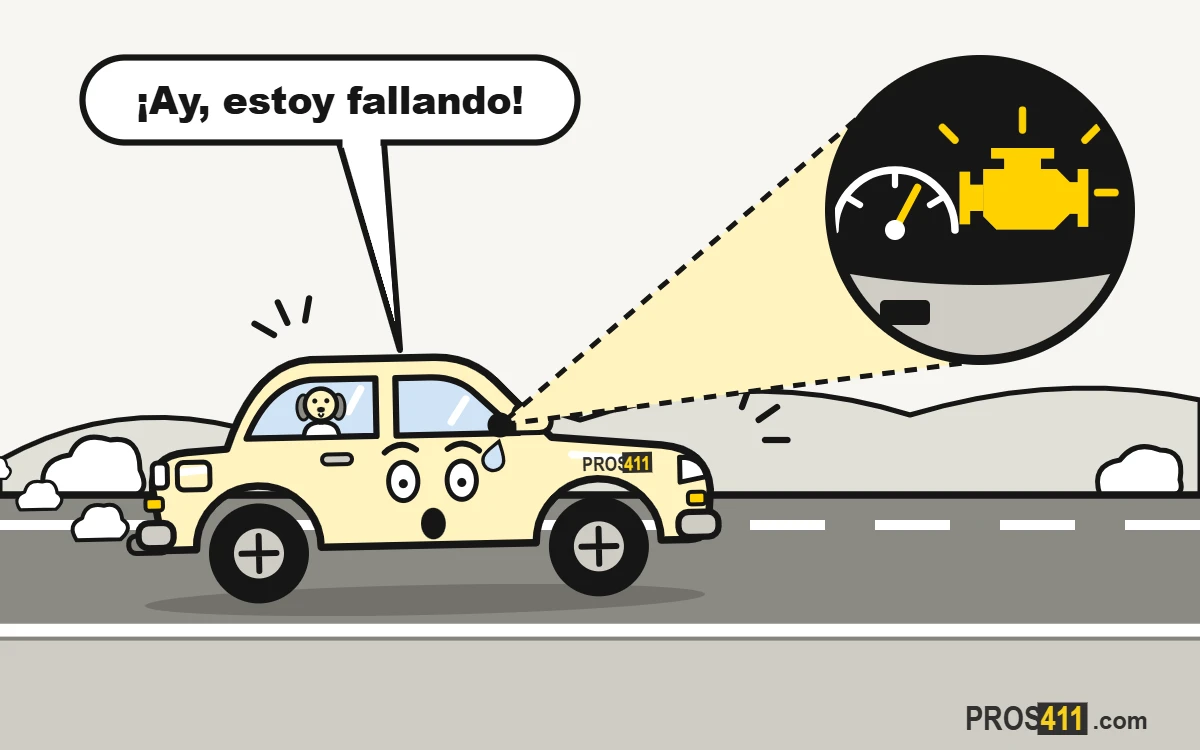 La luz de check engine parpadea: ¿puedo seguir manejando? Carro caricatura temblando en la carretera con la luz de check engine parpadeando